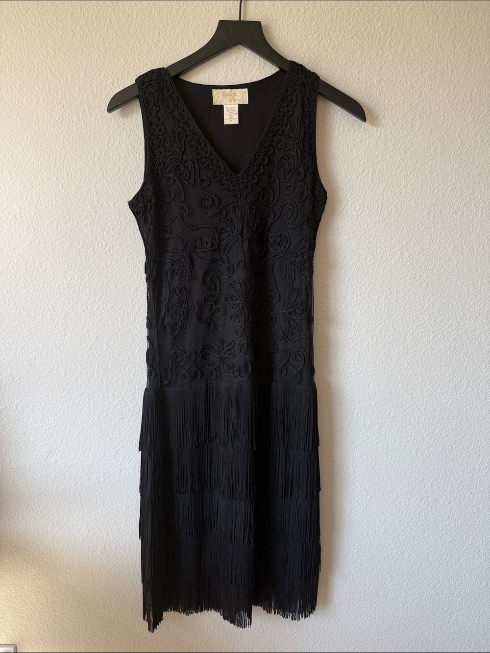 Vintage 90s Black Embroidered Fringe Sleeveless Midi Dress Size M